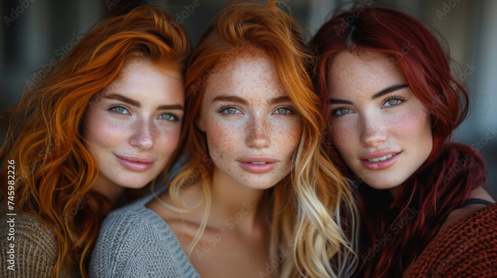 Fototapeta premium Portrait of three young women in stylish clothes taking a selfie. Style and fashion concept. Models posing against a wall, positive emotions on their faces.