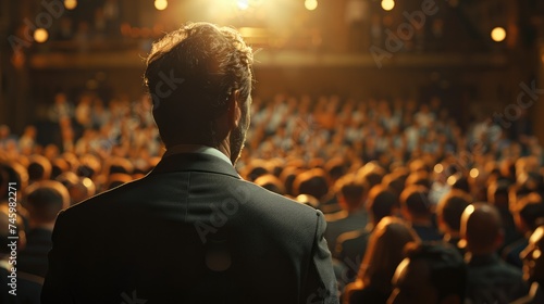 A man in a business suit speaking to a crowd of people. Generative AI.