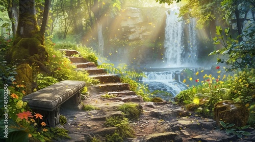 An idyllic nature landscape with a weathered stone bench overlooking a cascading waterfall surrounded by lush greenery, the sound of rushing water filling the air with a sense of vitality photo