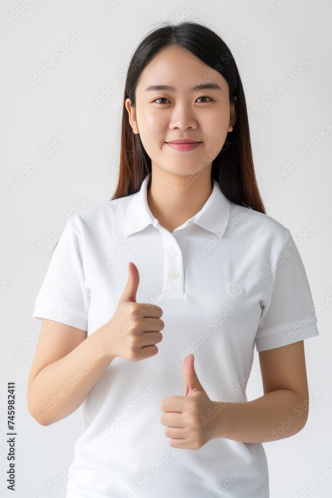 Confident Young Woman Giving Thumbs Up in White Polo Shirt Against Plain Background Confident Young Woman Giving Thumbs Up in White Polo Shirt Against Plain Background