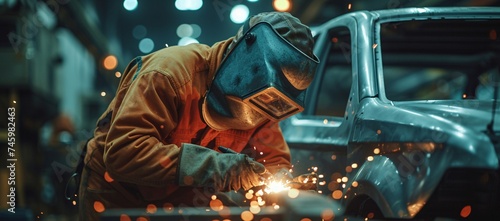 Industrious atmosphere as a skilled welder works on a car with sparks flying in a workshop during the night shift