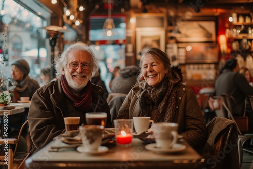 A senior man and woman with joyful expressions sitting together in a warm  cozy cafe setting