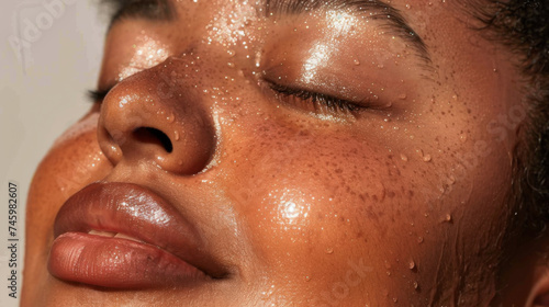 Close-up of African American woman's skin in sunlight with drops of sweat. Cute dark-skinned woman outdoors. Beauty concept.