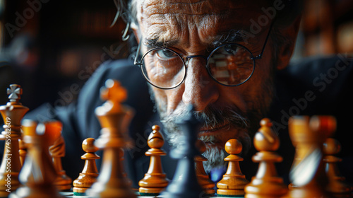 Elderly man with glasses plays chess.