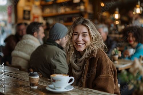 A lively smiling young woman is seated at a cafe table, showing the joy and energy of urban social life
