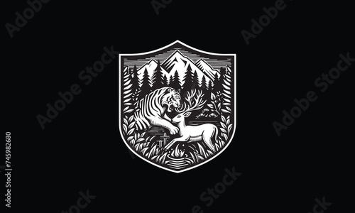 shield with tiger hunting deer logo, tiger, mountain logo design 