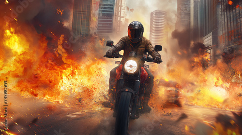 Action shot with man riding away from explosion on bike. Dynamic scene with fire in action movie blockbuster style.