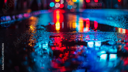 Multi-colored neon lights in a puddle on a dark city street  reflection of neon color. Night city. Abstract night background.