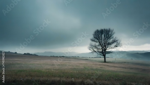 lone tree in a desolate overcast landscape. concept of bleakness and isolation. copy text space. 