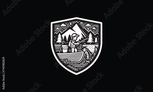 shield with boy  fishing  mountain river  forest  trees  logo design 