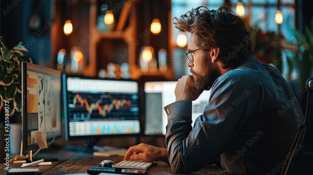 Trader looking at the desktop, using pc computer analyzing financial risks, investment profit forecast. Generative AI. Trader looking at the desktop, using pc computer analyzing financial risks, investment profit forecast. Generative AI.