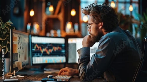 Trader looking at the desktop, using pc computer analyzing financial risks, investment profit forecast. Generative AI.