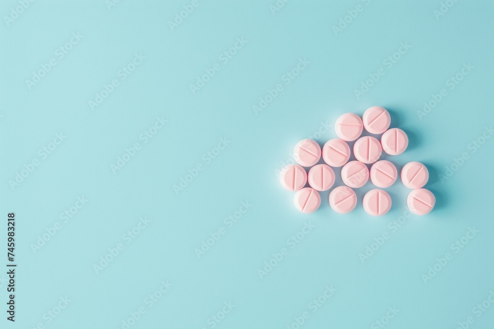Pastel pink pills forming the outline of a cloud on a light blue background. Place for text Pastel pink pills forming the outline of a cloud on a light blue background. Place for text