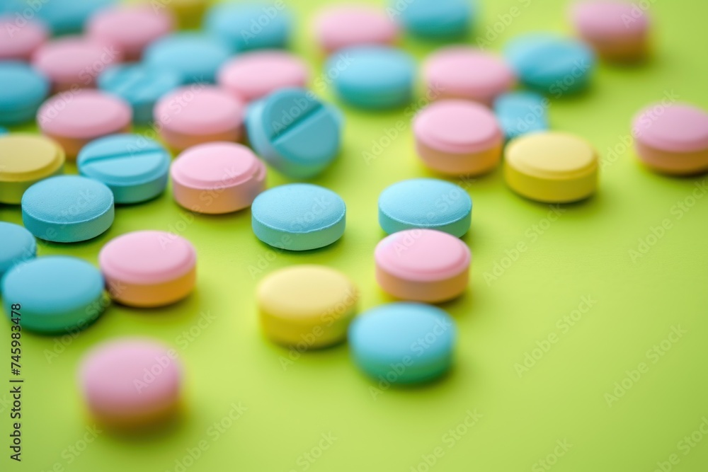 Close-up of pastel tablets in shades of pink, blue, and yellow on a teal background. Close-up of pastel tablets in shades of pink, blue, and yellow on a teal background.