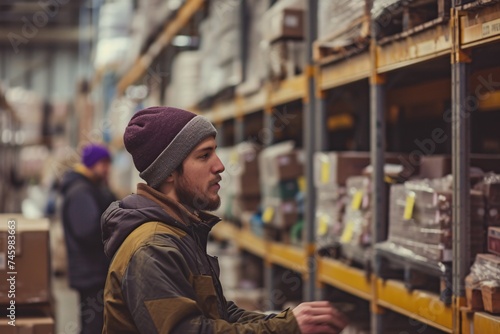 A man in a beanie and jacket focused on checking items on the shelves in an industrial warehouse setting © Vladan