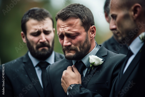 Illustration picture of depressed person grieving at funeral crying farewells at cemetery generative ai