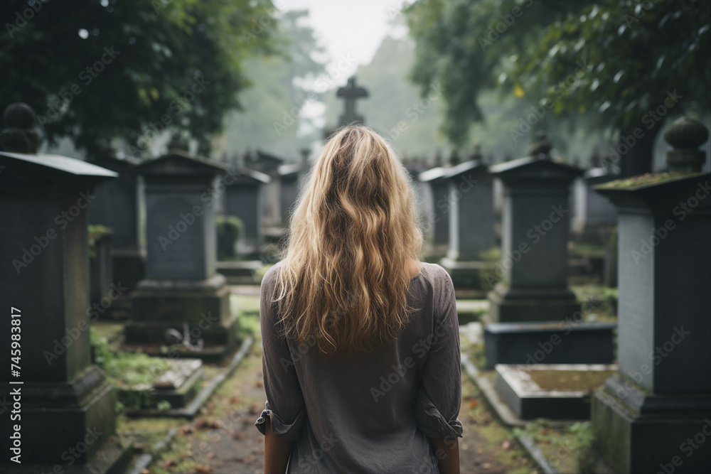 Rear view ai generated picture of sad lonely beautiful girl standing in a cemetery looking at graves Rear view ai generated picture of sad lonely beautiful girl standing in a cemetery looking at graves