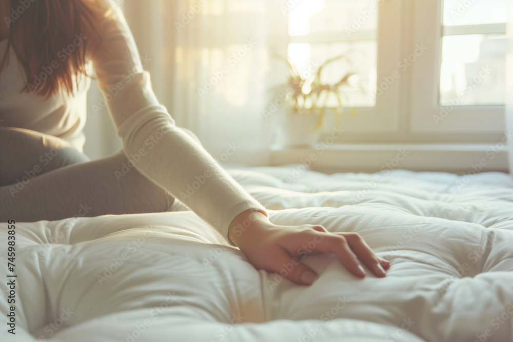 Woman touching white soft mattress indoors, closeup Woman touching white soft mattress indoors, closeup