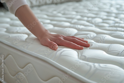 Woman touching white soft mattress indoors, closeup