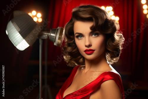 Model with a classic hollywood glamour look set in a studio resembling old movie sets made with generative AI