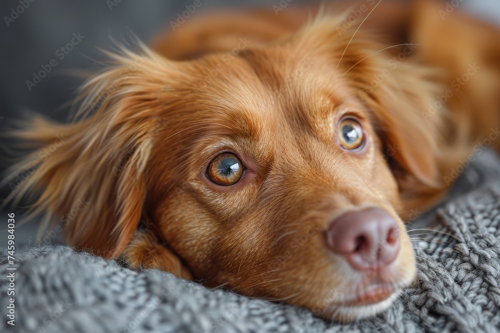 A close-up of an attentive dog lying down, eyes full of trust and loyalty as it gazes off into the distance A close-up of an attentive dog lying down, eyes full of trust and loyalty as it gazes off into the distance