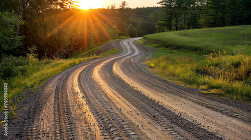 Sunset Over Rural Gravel Road. Sun setting over a winding country road in a scenic landscape.