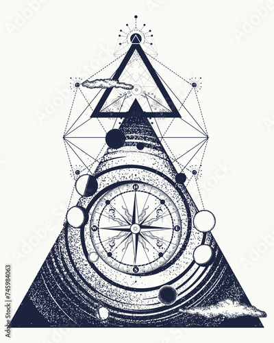 Universe. Black hole and compass tattoo. Esoteric symbol of knowledge, science, education, travel. Sacred geometry. T-shirt design concept