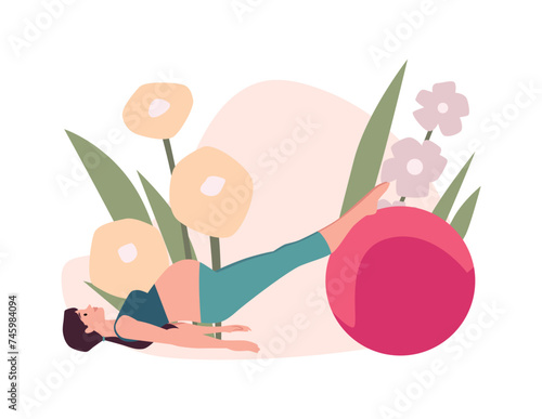 Prenatal yoga with fit ball flat illustration with character.