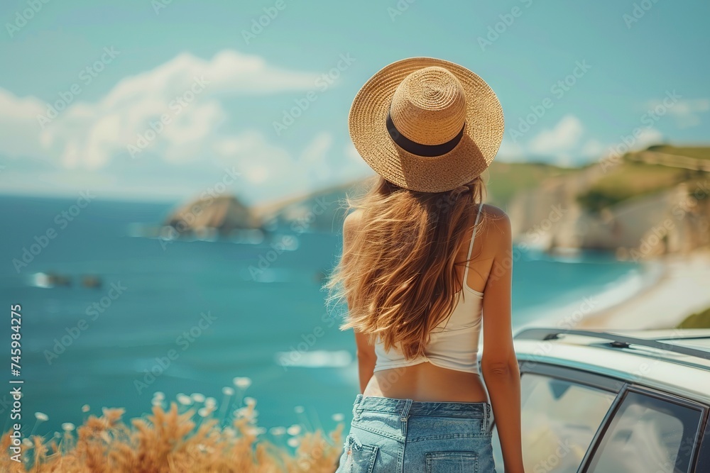 Summer Serenity Young Woman Traveler in a Stylish Hat, Pausing by Her Car, Absorbed in the Majestic Beauty of the Sea.