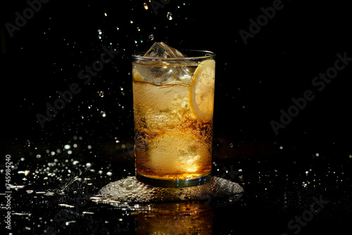 Splash Whiskey with Ginger Ale and Lemons on black background