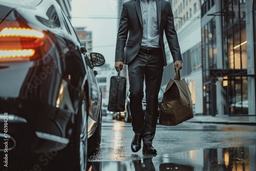 Modern Young Businessman Holding Document Bag, Exuding Confidence, and Heading Towards His Luxury Car in a Rain-Soaked Urban Setting.