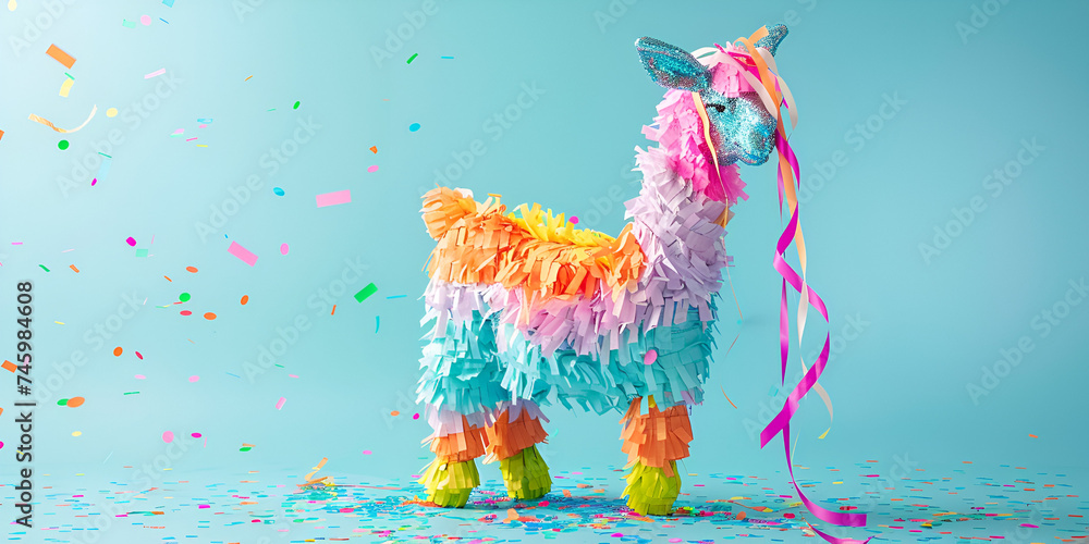 llama shape toy vibrant backdrop, handcrafted and adorable Funny and Cute alpaca Traditional colorful table decorations for celebrating on a blue background.