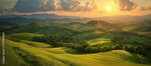 Breathtaking Tuscan landscape with undulating hills illuminated by a soft sunset light