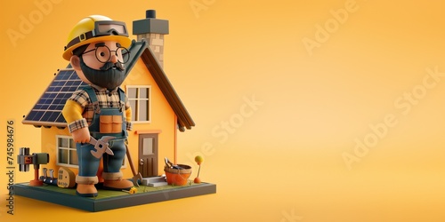 Personnage cartoon d'un homme installant des panneaux photovoltaïques sur le toit d'une maison. photo