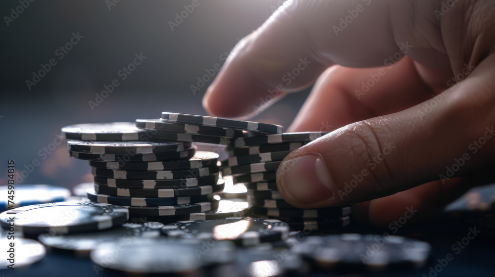 Close-up of a player's hand taking chips for a casino game. The player performs a trick using casino chips. Concept of excitement, game. Close-up of a player's hand taking chips for a casino game. The player performs a trick using casino chips. Concept of excitement, game.