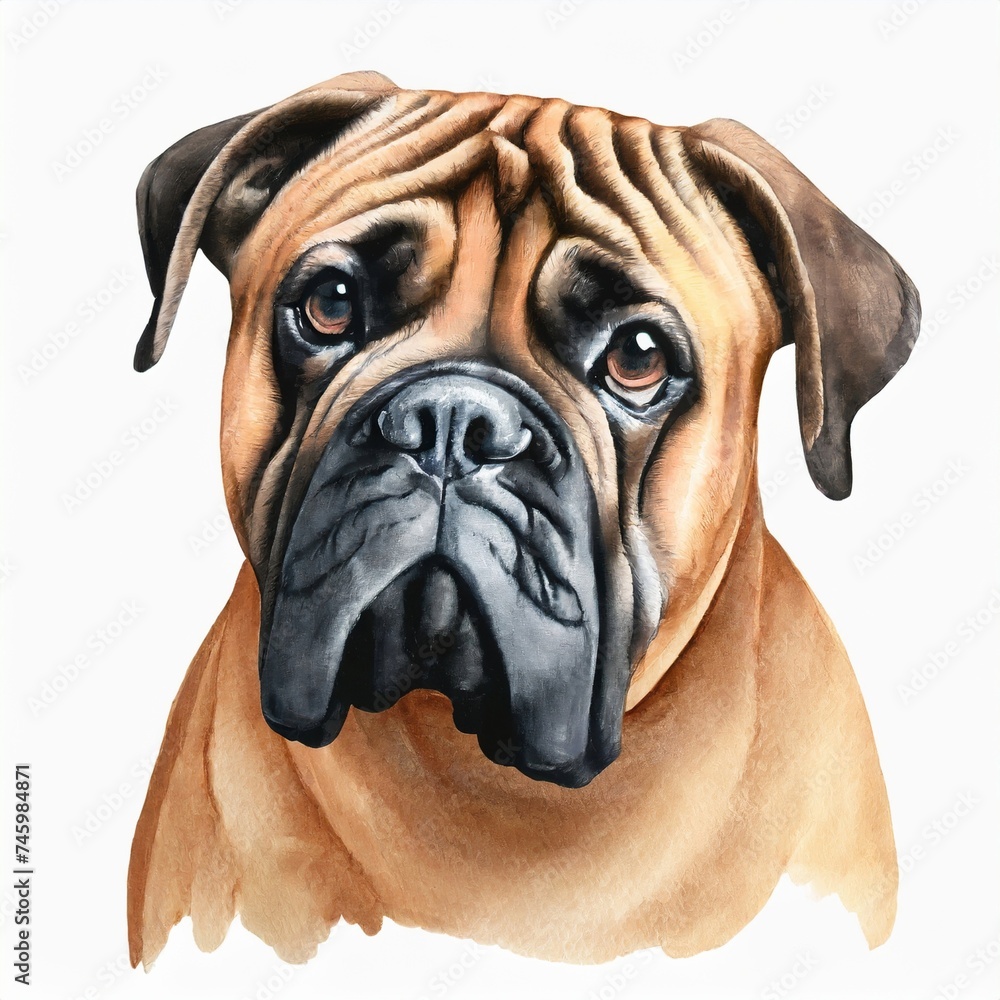 Watercolor illustration of pure breed Bullmastiff dog. Colorful painting of domestic animal
