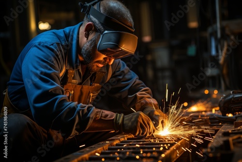 Professional welder welding large pipe with sparks, blue light in foreground. High resolution image.