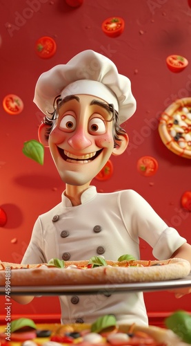 Le goût de l'Italie. Un chef pizzaiolo souriant, présentant une délicieuse pizza, arrière-plan rouge.