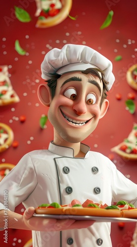 Le goût de l'Italie. Un chef pizzaiolo souriant, présentant une délicieuse pizza, entourée d'ingrédients frais.