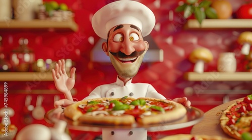 Le goût de l'Italie. Un chef pizzaiolo souriant, présentant une délicieuse pizza, cuisine en arrière-plan.