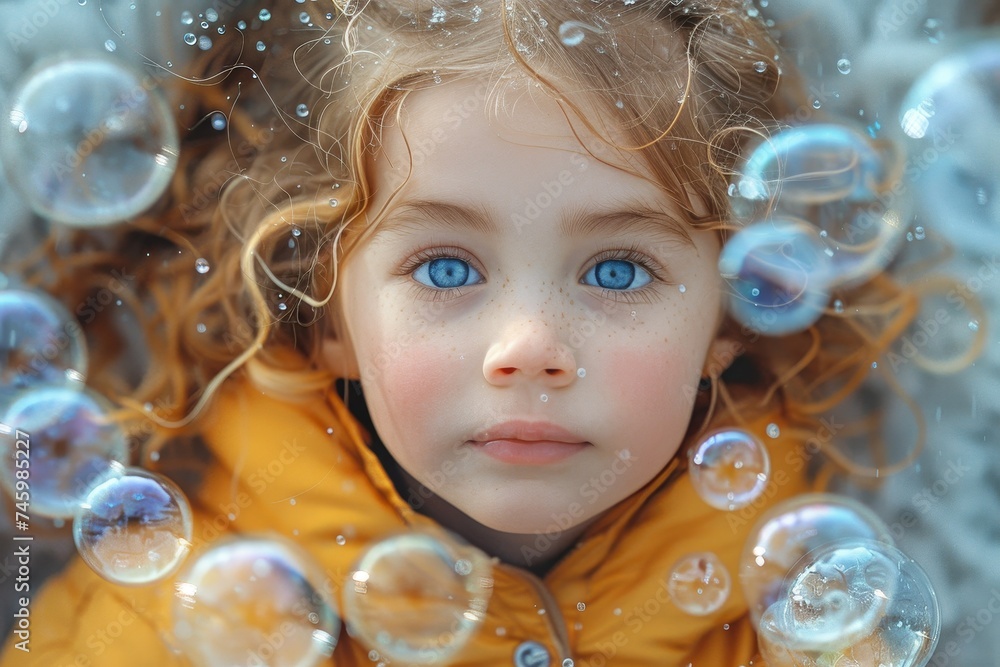 Young child in a yellow jacket lying down surrounded by soap bubbles, with a focus on her bright blue eyes Young child in a yellow jacket lying down surrounded by soap bubbles, with a focus on her bright blue eyes