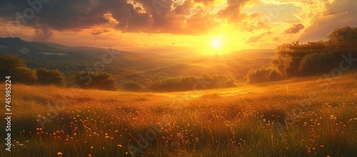 A breathtaking landscape depicting a hillside blanketed in flowers with the sunset glow