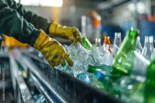The hands of the employee in gloves are close-up. On the conveyor for recycling and sorting garbage from plastic bottles, glasses of different sizes, garbage sorting and recycling concept
