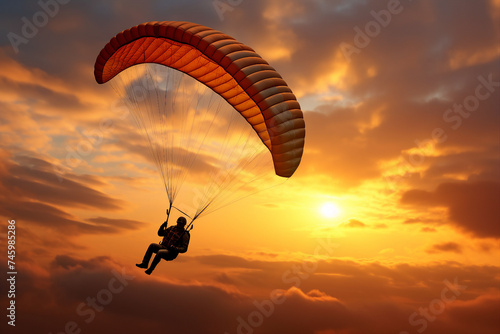 Excited positive happy parachutist in free fall over blue sky. ai generative picture collage