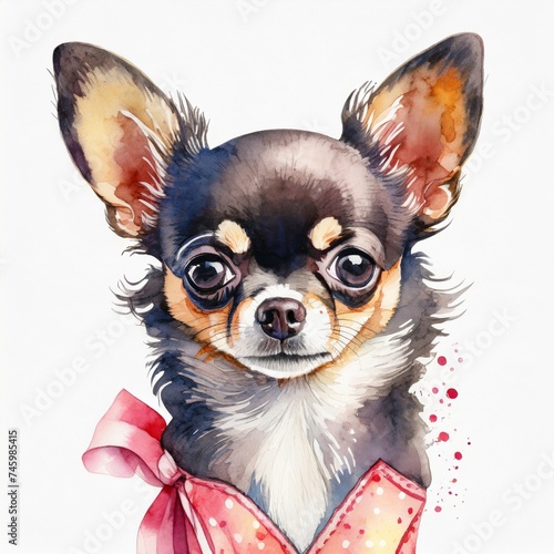 Watercolor illustration of pure breed Chihuahua dog. Colorful painting of domestic animal.