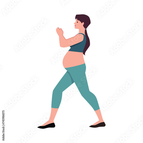 Flat vector illustration of a pregnant woman in a yoga pose.