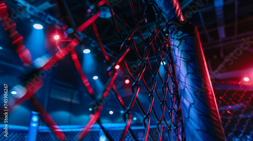 Octagonal ring for fights without rules. Arena for fights. Close-up of the net in the ring. Selective focus. Sports concept.