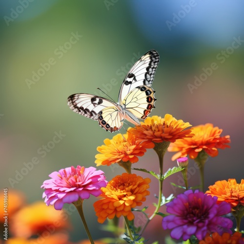 A white butterfly resting on a summer flower, set against the backdrop of nature during the spring or summer season
