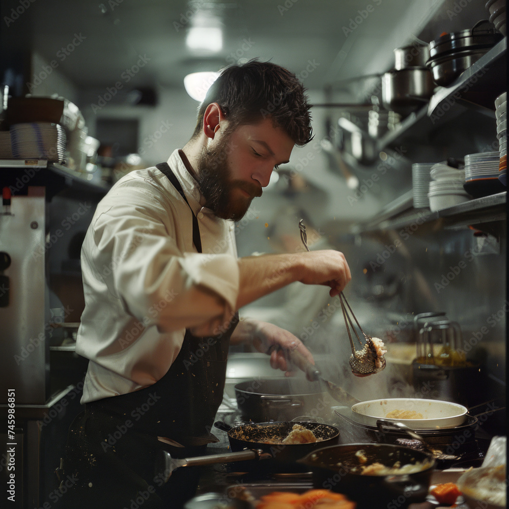 Chef in Action in a Professional Kitchen, chef cooking, Chef in Action in a Professional Kitchen, chef cooking,