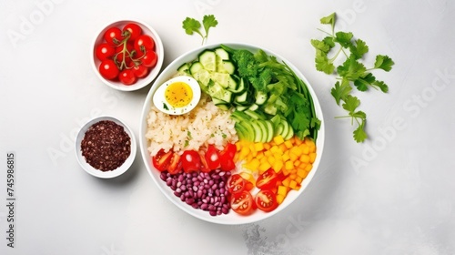 A bowl of rice, corn, tomatoes, cucumbers, avocado, and greens promotes a healthy lifestyle